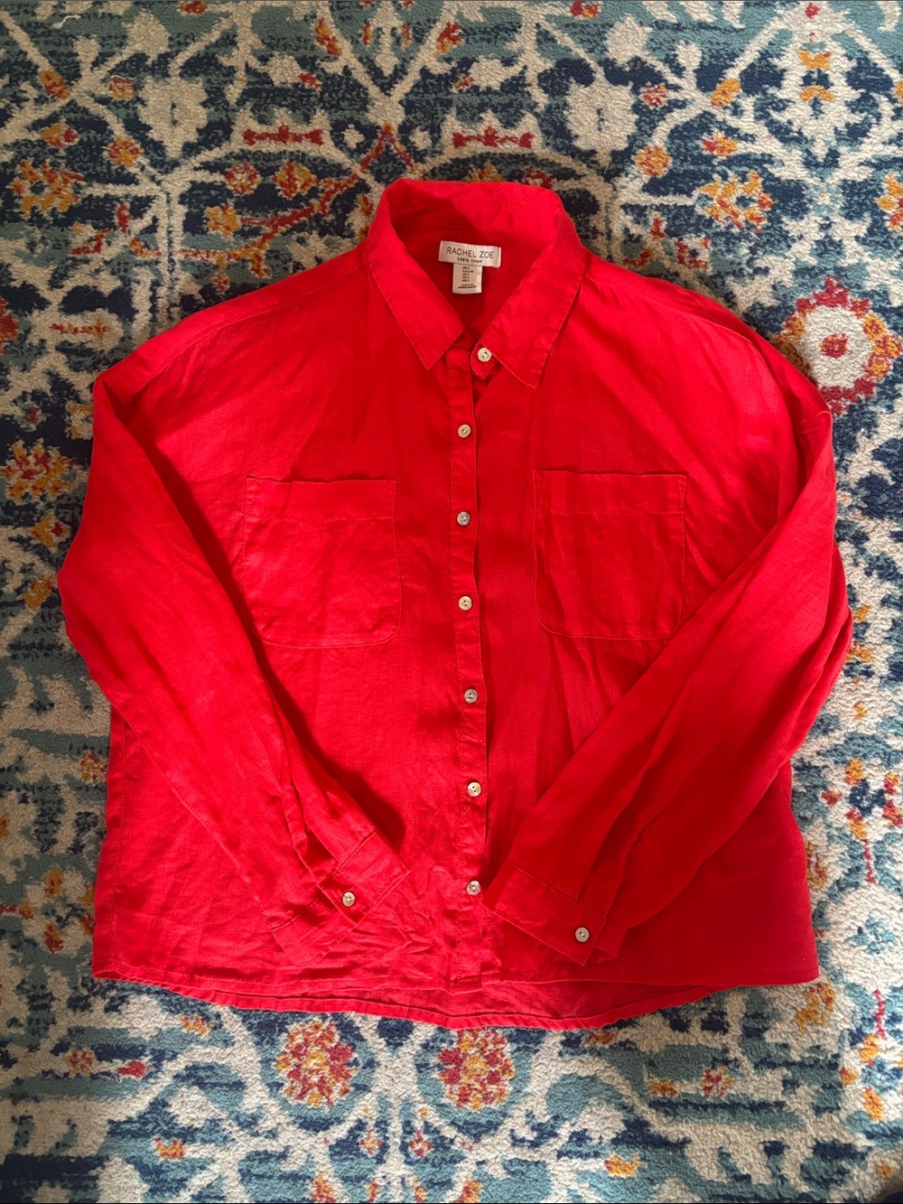 Rachel Zoe Red 100% Linen Button-Up Shirt